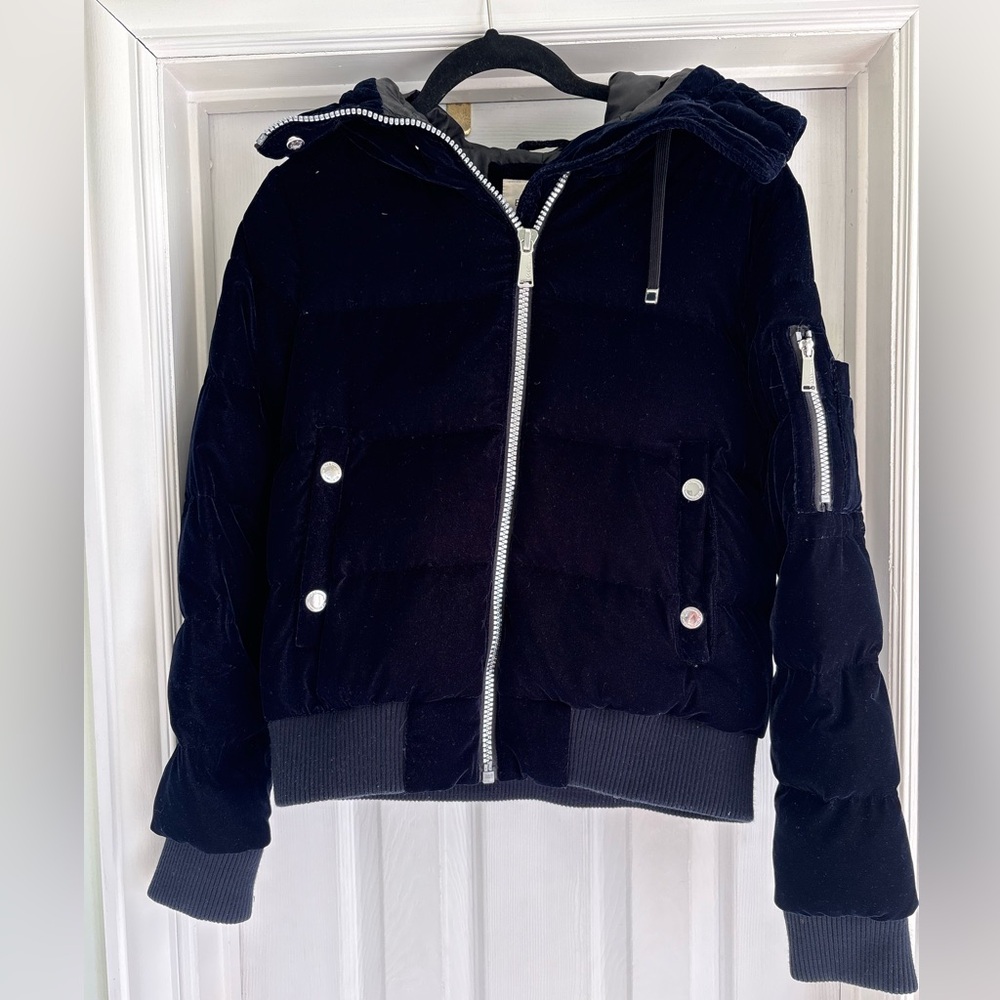 BCBG Blue Velvet Hooded Puffer Jacket